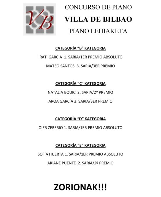 PREMIOS CONCURSO DE PIANO VILLA DE BILBAO
