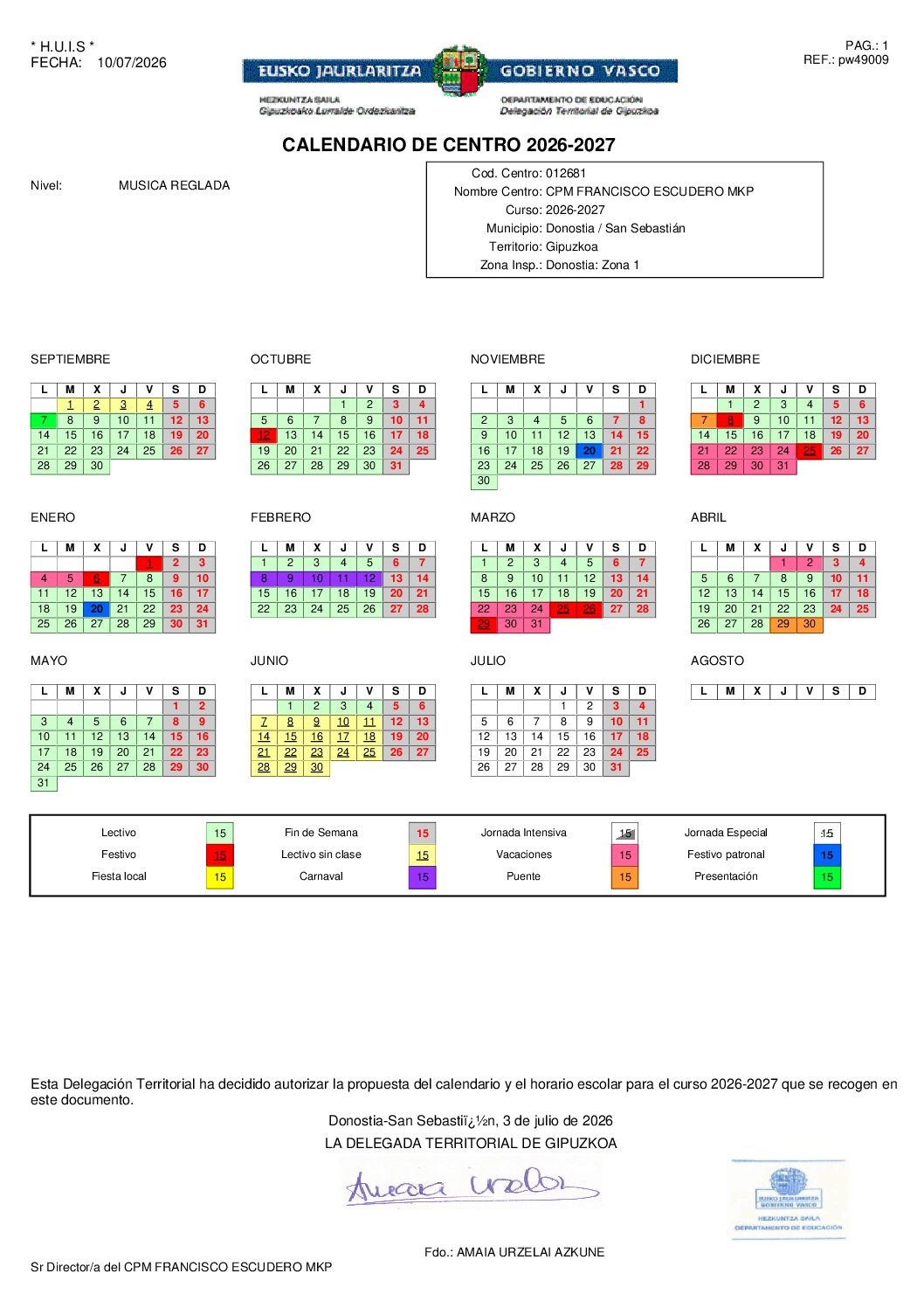 calendario Oficial de centro